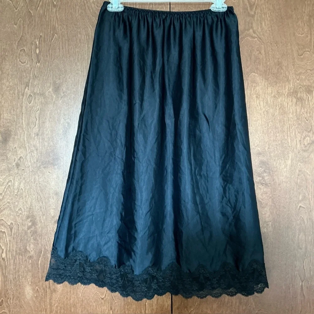 Vintage Black Half Slip Silky Nylon Skirt Lace Trim Dark Fairy Whimsigoth S - Picture 2 of 10